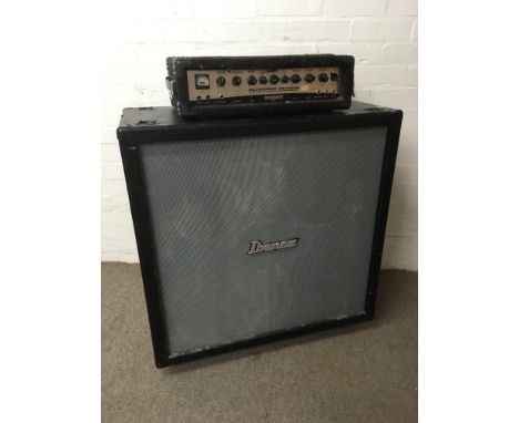 An Ibanez speaker cabinet model TB4125 and Behringer ultra bass BX4500H 450 watt bass amplifier head.