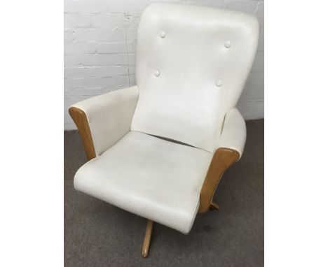 A modern design swivel chair with light wood frame and cream faux leather upholstery