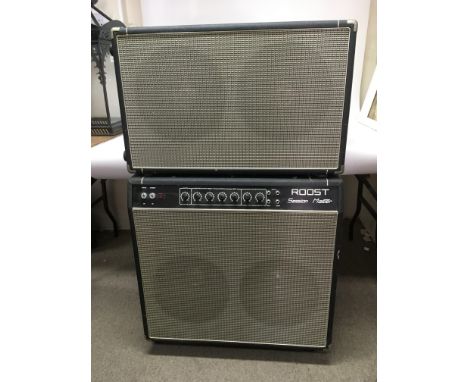 A Roost Session Master valve driven guitar amplifier and an extra speaker cabinet, both with amp covers included.