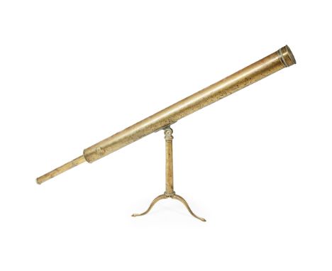 LARGE BRASS TELESCOPE LATE 19TH CENTURY on a tripod stand, width of lens 8.5cm(141cm long, 51cm high)