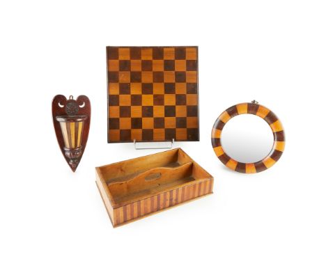 FIVE INLAID TREEN ITEMS 19TH CENTURY all worked in contrasting light and dark woods, to include a SMALL CIRCULAR MIRROR; a CU