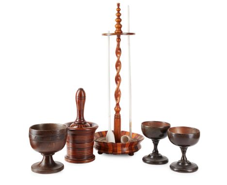 LARGE GROUP OF TREEN 19TH CENTURY to include a PAIR OF TURNED FRUITWOOD PRICKET CANDLESTICKS; a PAIR OF TURNED URNS WITH OSTR