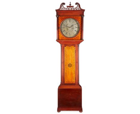 LATE GEORGIAN MAHOGANY AND INLAID LONGCASE CLOCK BY JOHN LAW, BEITH 19TH CENTURY the circular silvered brass dial with Roman 