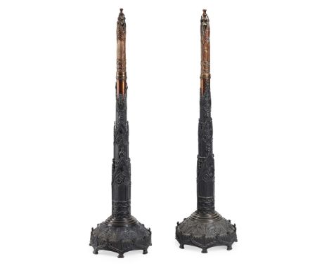 PAIR OF WILLIAM IV GOTHIC REVIVAL FIRESCREENS, PROBABLY BY B. DAY &amp; SONS, BIRMINGHAM 19TH CENTURY patinated brass, modell