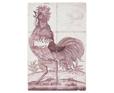 DELFT PICTORIAL TILE GROUP 19TH CENTURY comprising six tiles painted in manganese depicting a crowing cockerel, mounted(27cm 
