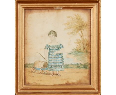19TH CENTURY BRITISH NAIVE SCHOOL PORTRAIT OF A GIRL WITH HER CART watercolour, 19cm x 17cm (7.5in x 6.75in); together with F
