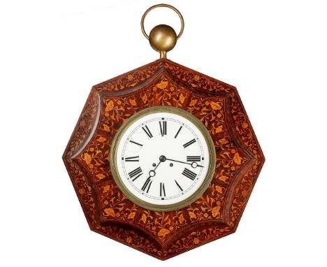 VICTORIAN MARQUETRY WALL CLOCK 19TH CENTURY the white enamel dial with Roman numeral chapter ring and twin winding holes, hel
