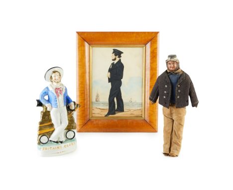 THREE BRITISH ROYAL NAVY 'JACK TAR' RELATED ITEMS 19TH CENTURY comprising a BRITISH NAIVE SCHOOL FULL LENGTH PORTRAIT OF A SA