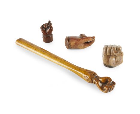 THREE CARVED HAND SNUFF BOXES 19TH CENTURY to include a RED STAINED PINCH-OF-SNUFF BOX, with pull-off cover, 10.5cm long; a P