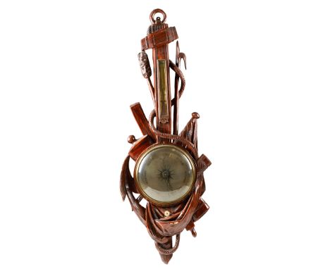 Y VICTORIAN CARVED WOOD &amp; PAINTED BAROMETER 19TH CENTURY with silvered dial and subsidiary thermometer scale, held within