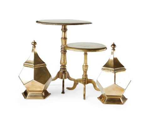 GROUP OF BRASSWARES 18TH AND 19TH CENTURY comprising TWO MINIATURE TRIPOD TABLES, each with ring turned columns and tripod ba
