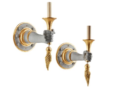 PAIR OF PAINTED AND GILT RESIN WALL LIGHTS, BY ORIEL HARWOOD LATE 20TH CENTURY modelled as outstretched arms grasping torchèr
