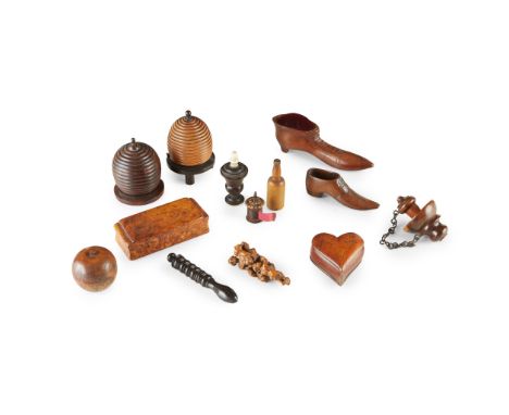 Y GROUP OF SMALL TREEN OBJECTS 19TH CENTURY to include a BEE SKEP MATCH HOLDER; a BEE SKEP BOX; TWO CARVED SHOES, one being a