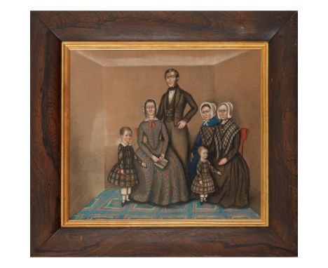 19TH CENTURY BRITISH NAIVE SCHOOL FAMILY GROUP PORTRAIT pastel on buff paper(34cm x 38.5cm (13.5in x 15.25in))