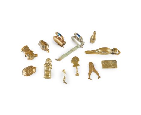 COLLECTION OF BRASS AND OTHER METAL NOVELTY WARES 19TH/ EARLY 20TH CENTURY to include TWO MINIATURE MEASURING TAPES, each mod