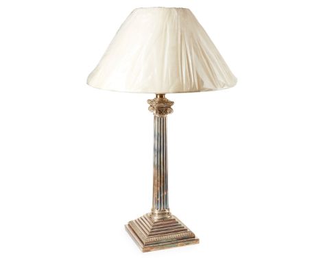 SILVERED CORINTHIAN COLUMN TABLE LAMP 19TH CENTURY raised on a stepped plinth base, with cream pleated shade(45cm high)