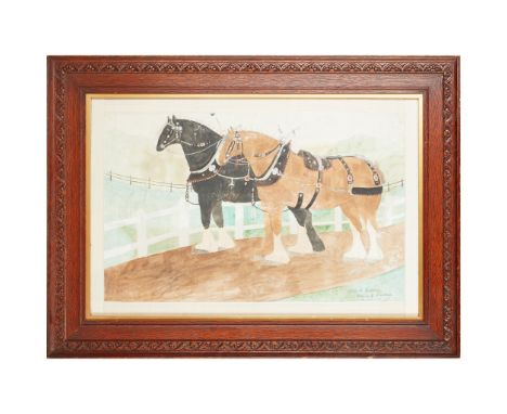 19TH CENTURY BRITISH NAIVE SCHOOL PORTRAIT OF SHIRE HORSES watercolour, signed(37cm x 57cm)