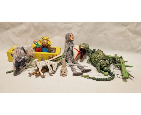 Green painted wood dragon puppet&nbsp;with St. George painted composition silver cloth chainmail, a painted metal Muffin the 