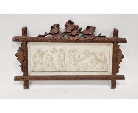 Late 19th century Continental white biscuit porcelain rectangular plaque, moulded with classical figures within a wooden fram