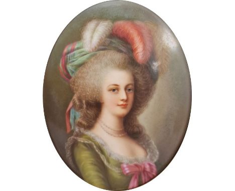 Continental porcelain Berlin style oval portrait plaque painted with an 18th century style lady wearing a plumed hat and lace