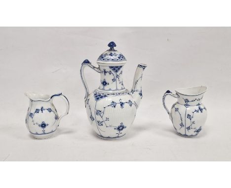 Royal Copenhagen Half Lace pattern blue and white tea wares, printed blue and green marks, comprising a coffee pot and domed 