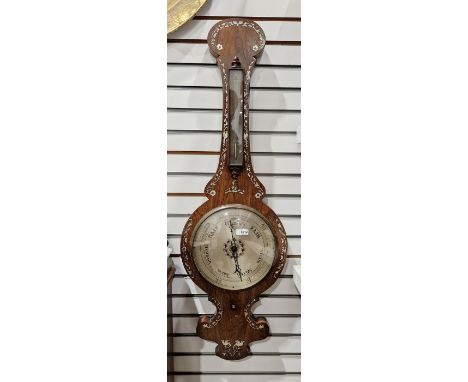 Early 19th century banjo barometer, the rosewood case inlaid with floral mother of pearl motifs, 100cm