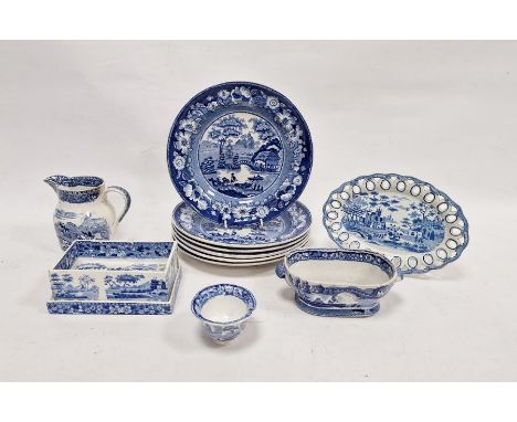 Group of English transfer-printed blue and white pearlware, early 19th century, comprising a Spode rectangular strainer on st