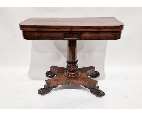 19th century rosewood D-end&nbsp;card table&nbsp;on column support, quatreform base, on claw feet,&nbsp; 74 cms h when folded