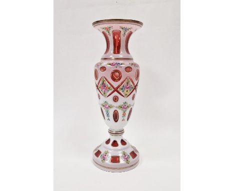 Late 19th/early 20th century Bohemian glass vase&nbsp;with white overlay cut back to cranberry glass, with handpainted floral