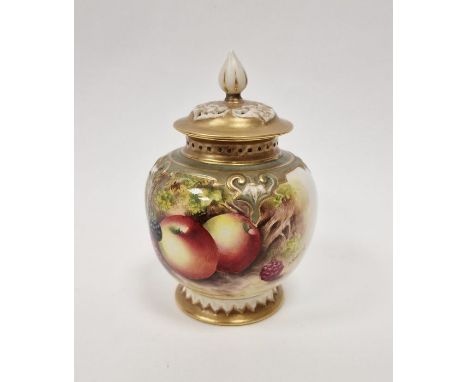 Royal Worcester fruit decorated lobed oviform vase and cover&nbsp;painted by E. Townsend, painted with a vignette of autumnal