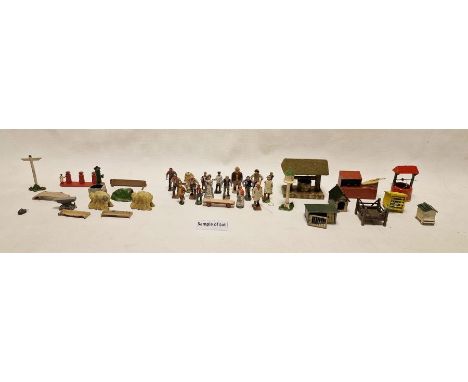 Britains model farmers and farmhands, sets of farmyard items, beehive, well, rabbit hut, etc and link hurdles (3 bags and a t