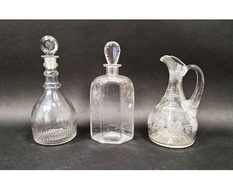 19th century cut glass decanter of hexagonal form, a further 19th century cut glass decanter of mallet form and a 19th centur