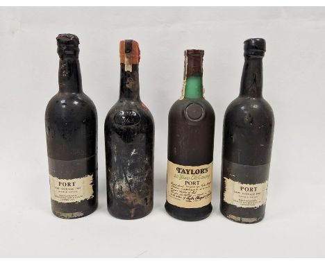 Six bottle wicker wine carrier containing four bottles of port, two Dow 1960 vintage, a Taylor's 20 year Tawny and one unlabe