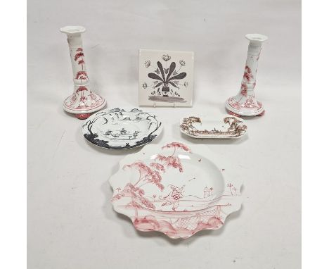 Group of ceramics in revived 18th century delft-style, viz:- pair table candlesticks, a single square tile and three variousl