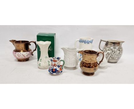 Assorted English pottery jugs, early 19th century and later including a silver Sunderland lustre example, 16cm high, two copp