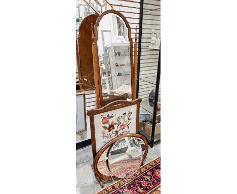 Mahogany cheval mirror, a firescreen and two wall mirrors (4)&nbsp;