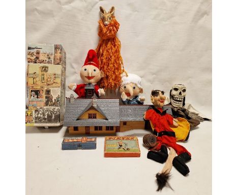 Quantity of puppet accessories, boxed games, model railway station, a wooden and stuffed hobby horse&nbsp;and other items (2 