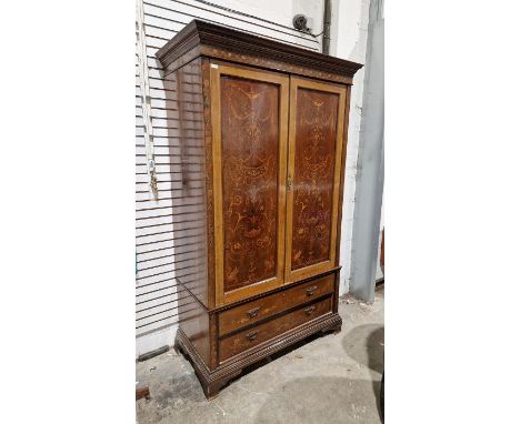 James Shoolbred, London, Edwardian mahogany wardrobe&nbsp;with floral, scroll and griffin inlaid decoration, pair of cupboard