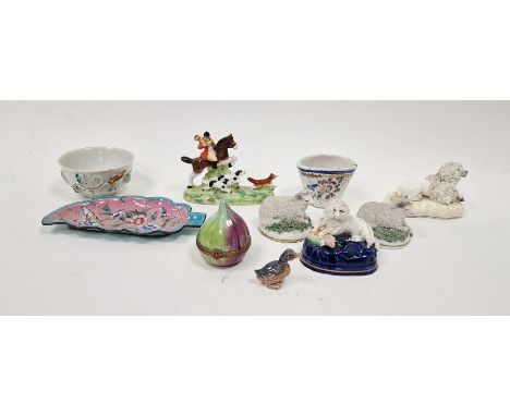 Assorted English and Asian porcelain including an equestrian figure of a hunt, two Staffordshire porcelain figures of poodles