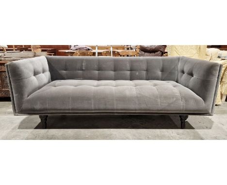 Grey velvet straight side and back three seater sofa&nbsp;Condition ReportScuffs, marks and staining to areas of the upholste