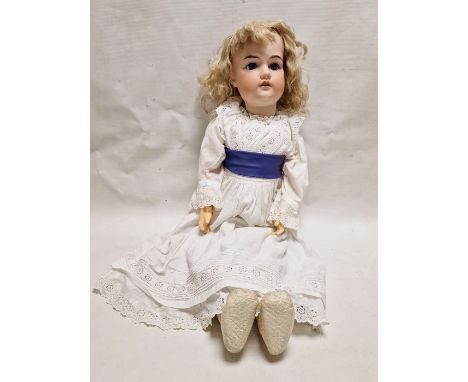 Armand Marseille doll, A14M with open and shut brown eyes, open mouth and teeth, in a white dress with blue sash, 76cm&nbsp;