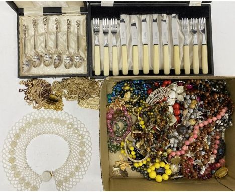 Quantity of costume jewellery&nbsp;to include beaded necklaces, etc, set of six foreign silver-coloured metal teaspoons set w