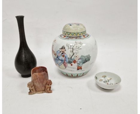 19th century Chinese porcelain ginger jar and cover painted with figures before terracing with polychrome enamels, a tea bowl