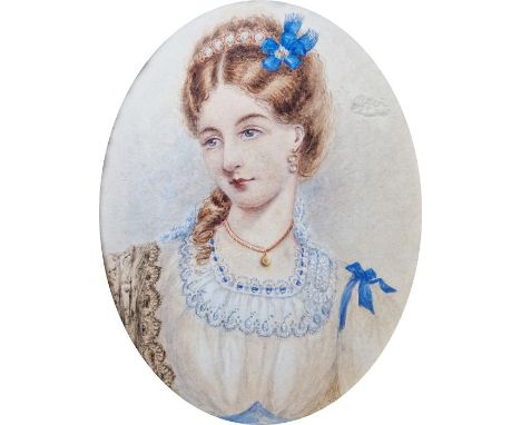 19th century schoolWatercolourPortrait of a young lady wearing white dress, with pearl tiara and blue ribbon in hair, unsigne