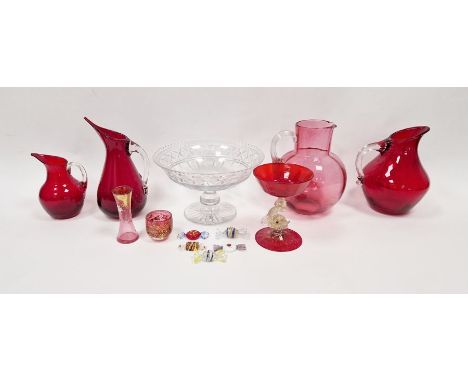 Salviati Murano ruby red champagne saucer with stylised dolphin stem, Victorian cranberry glass jug,&nbsp;a 20th century cut 