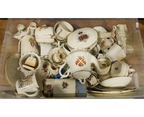 Quantity of crested ware, W.H. Goss, to include teapots, plates, mementoes, little vases, the University of Aberystwyth by Sa