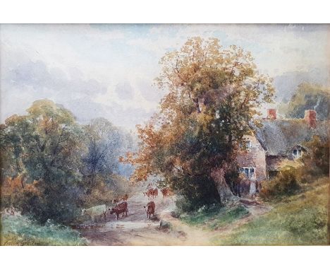 Frank Gresley (1855-1936) WatercolourCountry scene with cattle on a path and figure outside a dwelling, signed lower left, 20