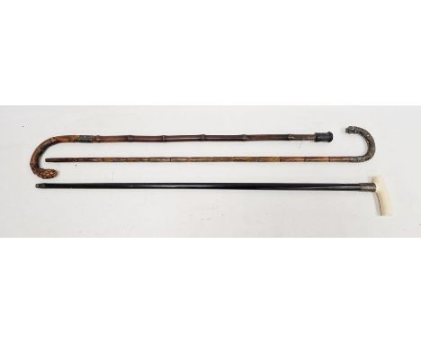 Silver-mounted bone handled ebonised walking cane, bamboo walking stick&nbsp;with silver collar and a silver-handled bamboo w