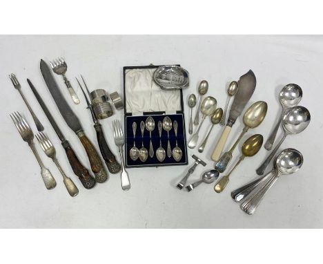 Assorted silver and silver plated flatware&nbsp;to include two silver teaspoons, silver napkin rings and other plated ware (1