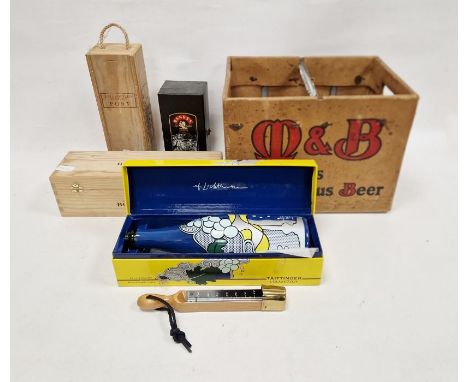 M&B (Michell & Butlers Ltd, Birmingham) cardboard covered crate, a wooden wine box, a Bollinger box, a wine thermometer and o